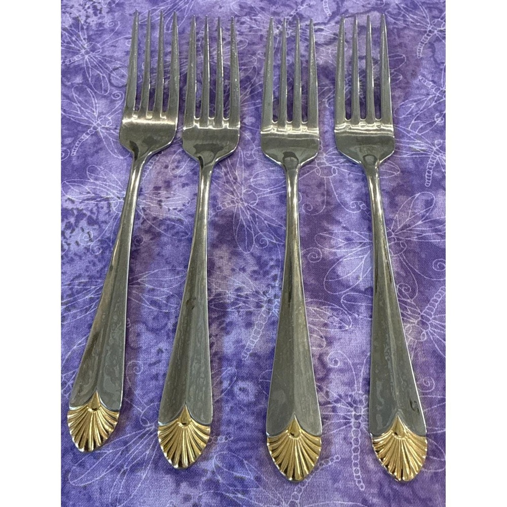 Royal Gallery Stainless Gold Fan Accent Dinner Forks Fork Set Of 4 Korea 18/8
